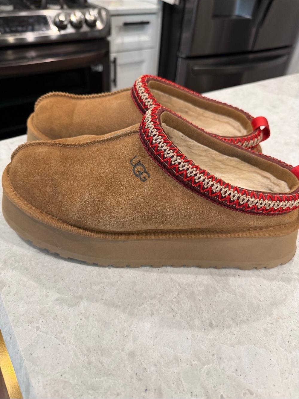UGG Chestnut Suede Slip-On Mules with Red Trim size 10